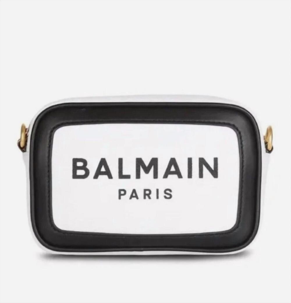 NEW BALMAIN women's b-army 18 camera crossbody bag in off white canvas with blac